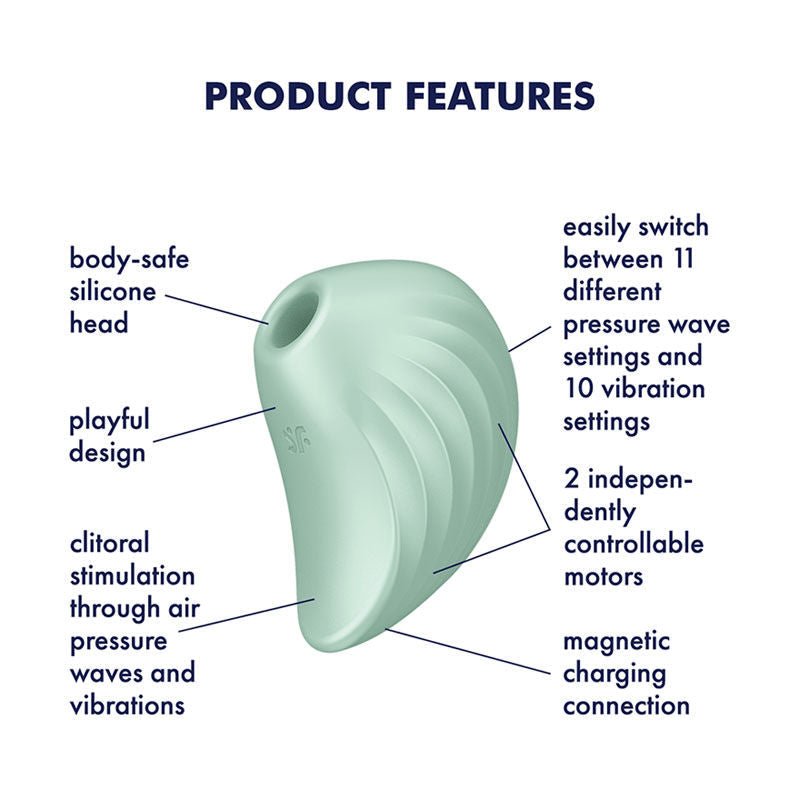 Satisfyer - pearl diver - clitoral suction stimulator - Green, Product side view, with specifications  | Flirtybay.com.au